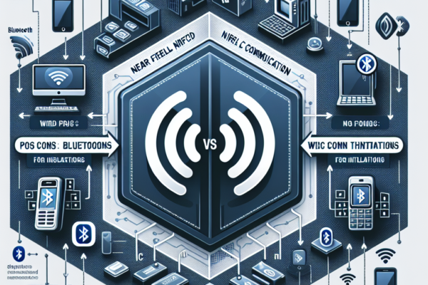 "Ilustrasi perbandingan kelebihan NFC di atas Bluetooth untuk penggunaan dalam pemasangan perangkat, menampilkan ikon NFC dan Bluetooth dengan penjelasan fitur masing-masing."