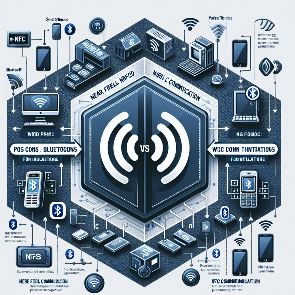 "Ilustrasi perbandingan kelebihan NFC di atas Bluetooth untuk penggunaan dalam pemasangan perangkat, menampilkan ikon NFC dan Bluetooth dengan penjelasan fitur masing-masing."